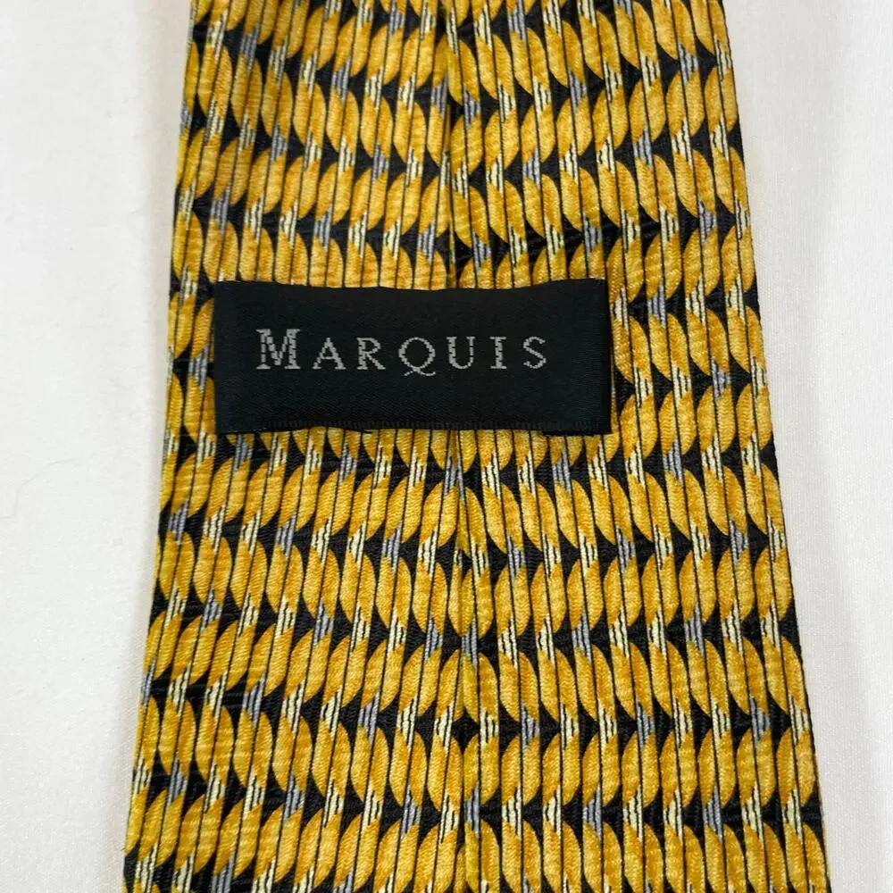 Marquis Mens Silk-Like Geometric Abstract Gold Black Retro Necktie 3.75